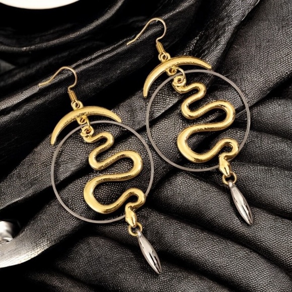 Chic Black, Gold, and Silver Toned Boho Snake Earrings Witchy - Picture 4 of 16